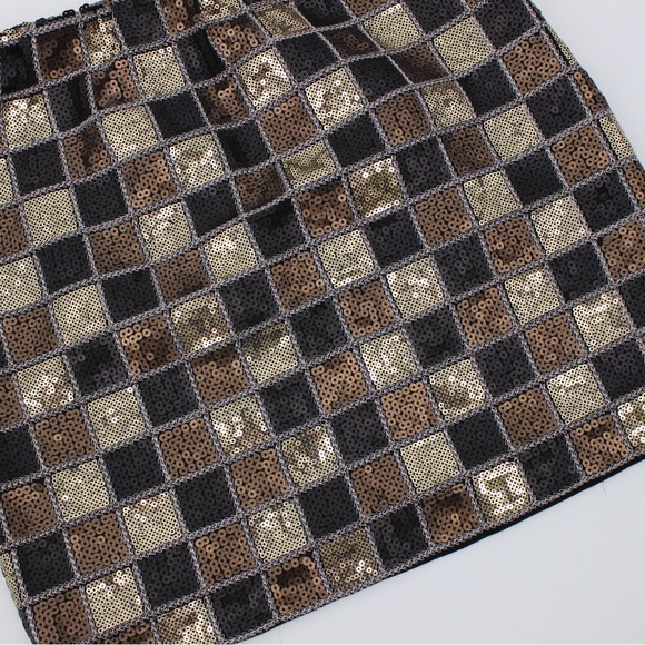 ROMEO & JULIETTE Sequin Mini Skirt Gold Black Brown Check Elastic Waist M - Picture 6 of 9